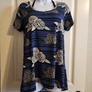 Lularoe Long Top Blue with Stripes & Flowers
